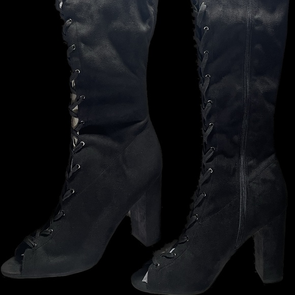 Guess Women's Casidi Lace Knee High Open Toe Boots Black 11 M US - Picture 3 of 13